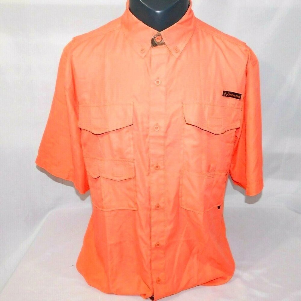 Realtree Salmon Pink Button Front Short sleeve vented Outdoors Shirt Men L